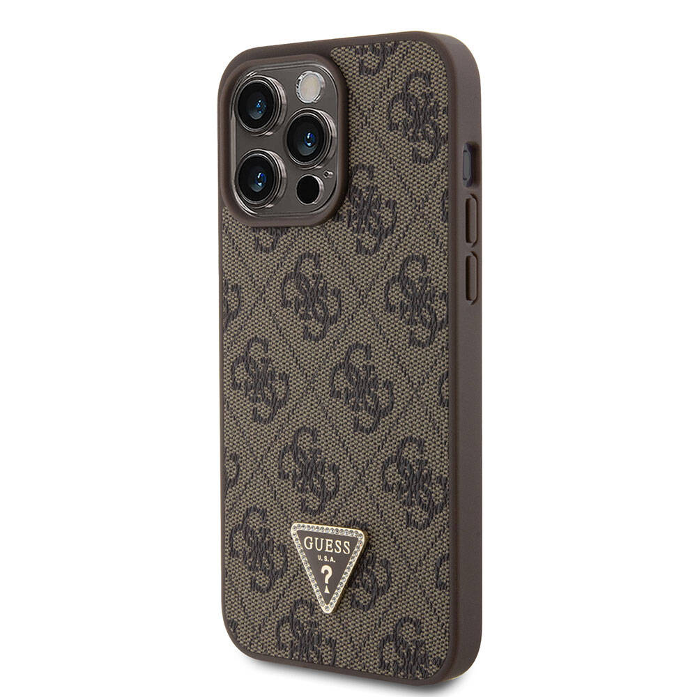 Apple iPhone 15 Pro Max Kılıf Guess Orjinal Lisanslı PU Deri Askılı Taşlı Üçgen Logo 4G Desenli Strass Crossbody Kapak Siyah