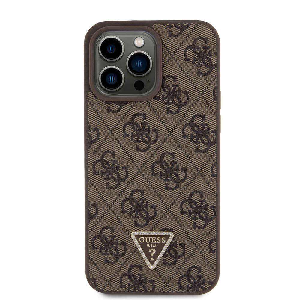 Apple iPhone 15 Pro Max Kılıf Guess Orjinal Lisanslı PU Deri Askılı Taşlı Üçgen Logo 4G Desenli Strass Crossbody Kapak Kahverengi