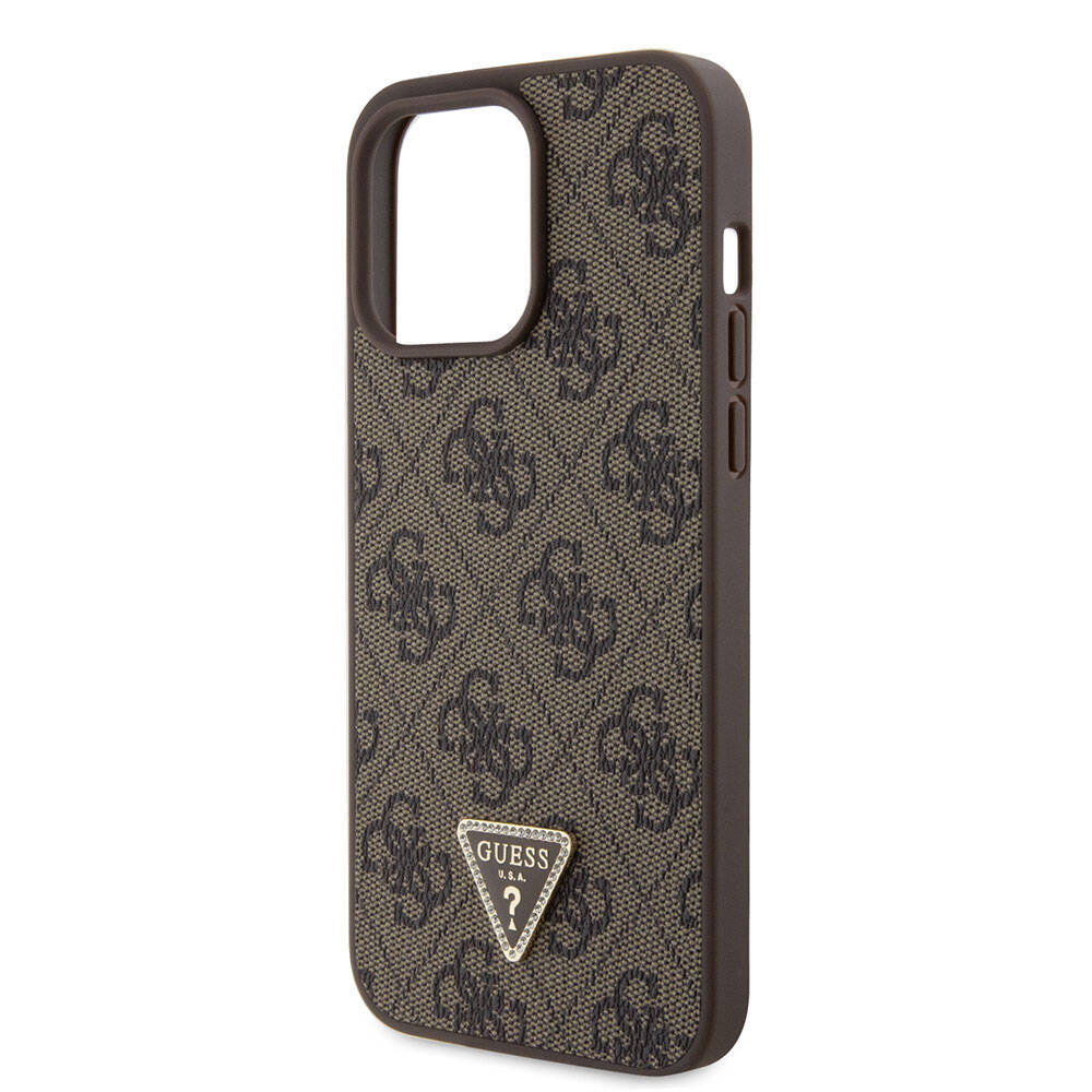 Apple iPhone 15 Pro Max Kılıf Guess Orjinal Lisanslı PU Deri Askılı Taşlı Üçgen Logo 4G Desenli Strass Crossbody Kapak Siyah