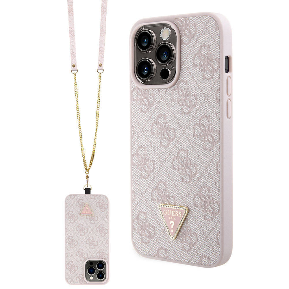 Apple iPhone 15 Pro Max Kılıf Guess Orjinal Lisanslı PU Deri Askılı Taşlı Üçgen Logo 4G Desenli Strass Crossbody Kapak Pembe