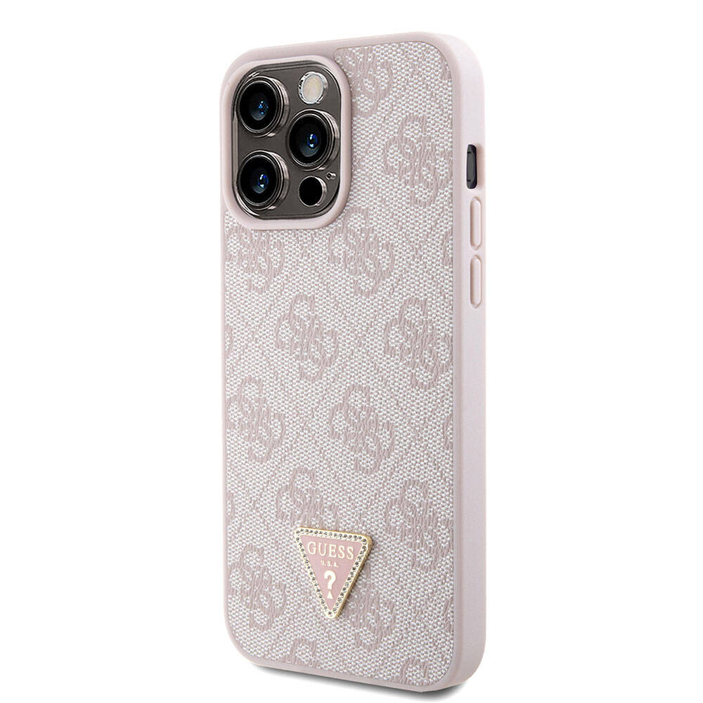 Apple iPhone 15 Pro Max Kılıf Guess Orjinal Lisanslı PU Deri Askılı Taşlı Üçgen Logo 4G Desenli Strass Crossbody Kapak Siyah