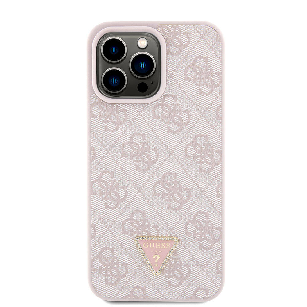 Apple iPhone 15 Pro Max Kılıf Guess Orjinal Lisanslı PU Deri Askılı Taşlı Üçgen Logo 4G Desenli Strass Crossbody Kapak Kahverengi