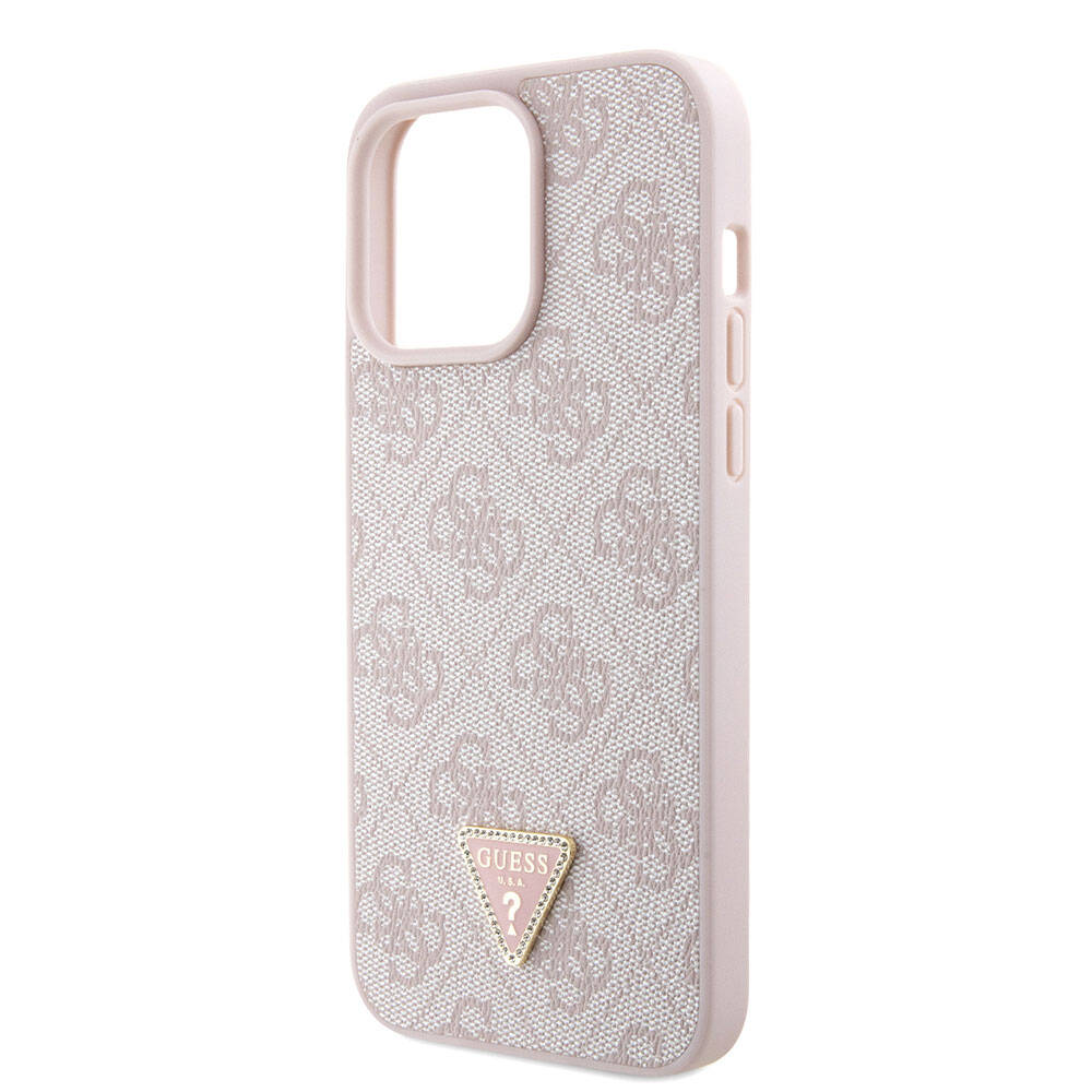 Apple iPhone 15 Pro Max Kılıf Guess Orjinal Lisanslı PU Deri Askılı Taşlı Üçgen Logo 4G Desenli Strass Crossbody Kapak Kahverengi