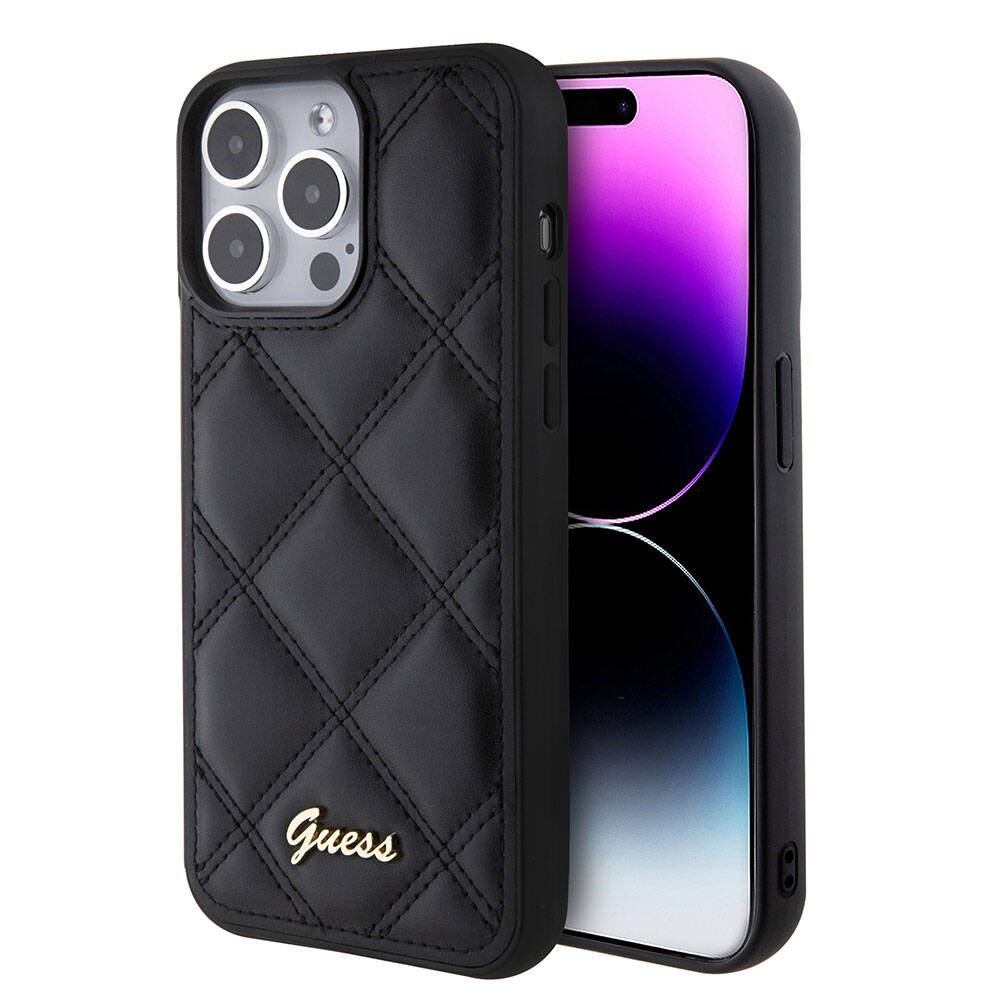 Apple iPhone 15 Pro Max Kılıf Guess Orjinal Lisanslı PU Deri Metal Yazı Logolu Kapitone Kapak Açık Mor