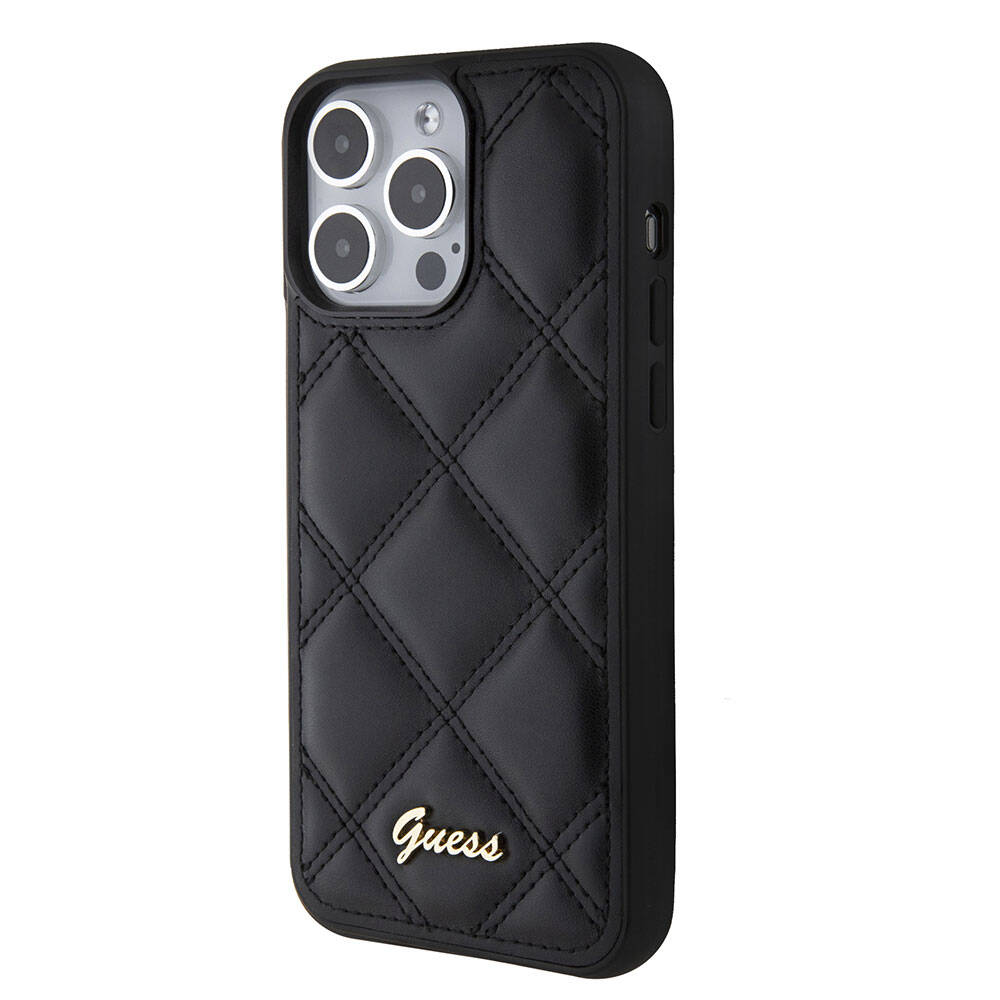 Apple iPhone 15 Pro Max Kılıf Guess Orjinal Lisanslı PU Deri Metal Yazı Logolu Kapitone Kapak Açık Mor