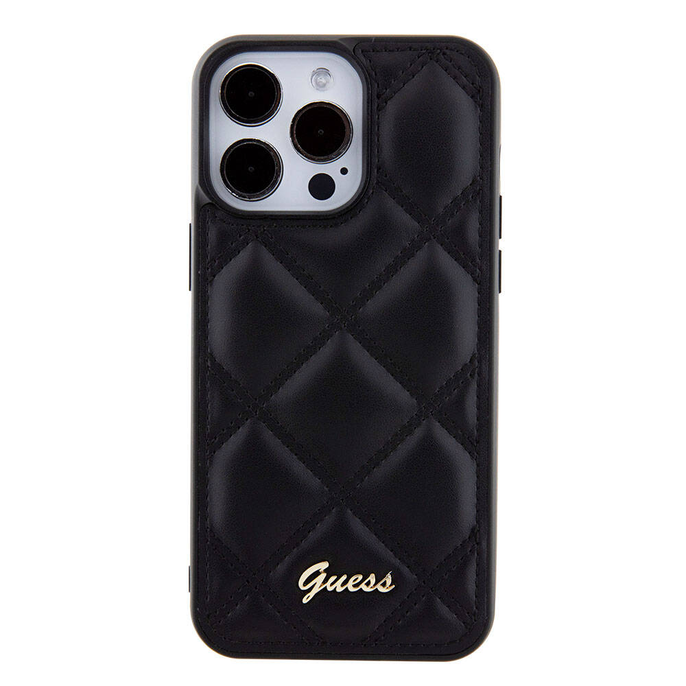 Apple iPhone 15 Pro Max Kılıf Guess Orjinal Lisanslı PU Deri Metal Yazı Logolu Kapitone Kapak Açık Mor