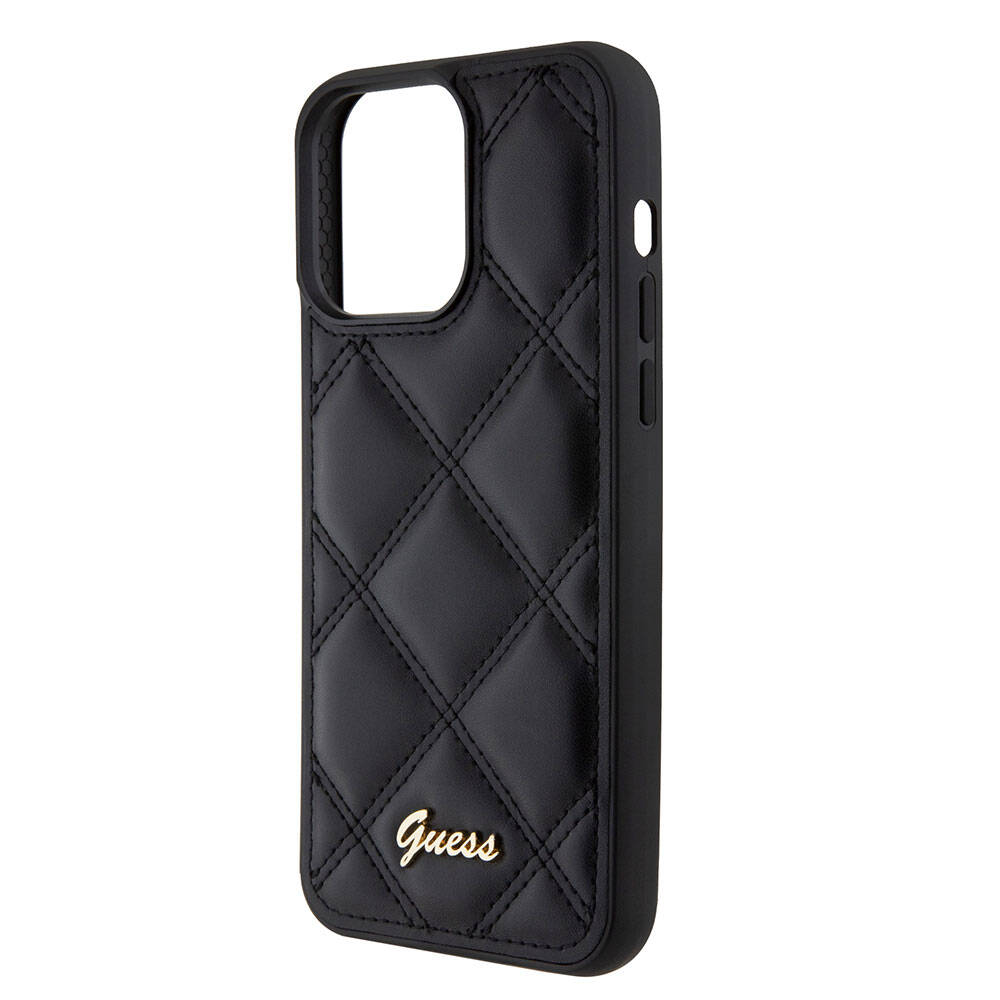 Apple iPhone 15 Pro Max Kılıf Guess Orjinal Lisanslı PU Deri Metal Yazı Logolu Kapitone Kapak Açık Mor