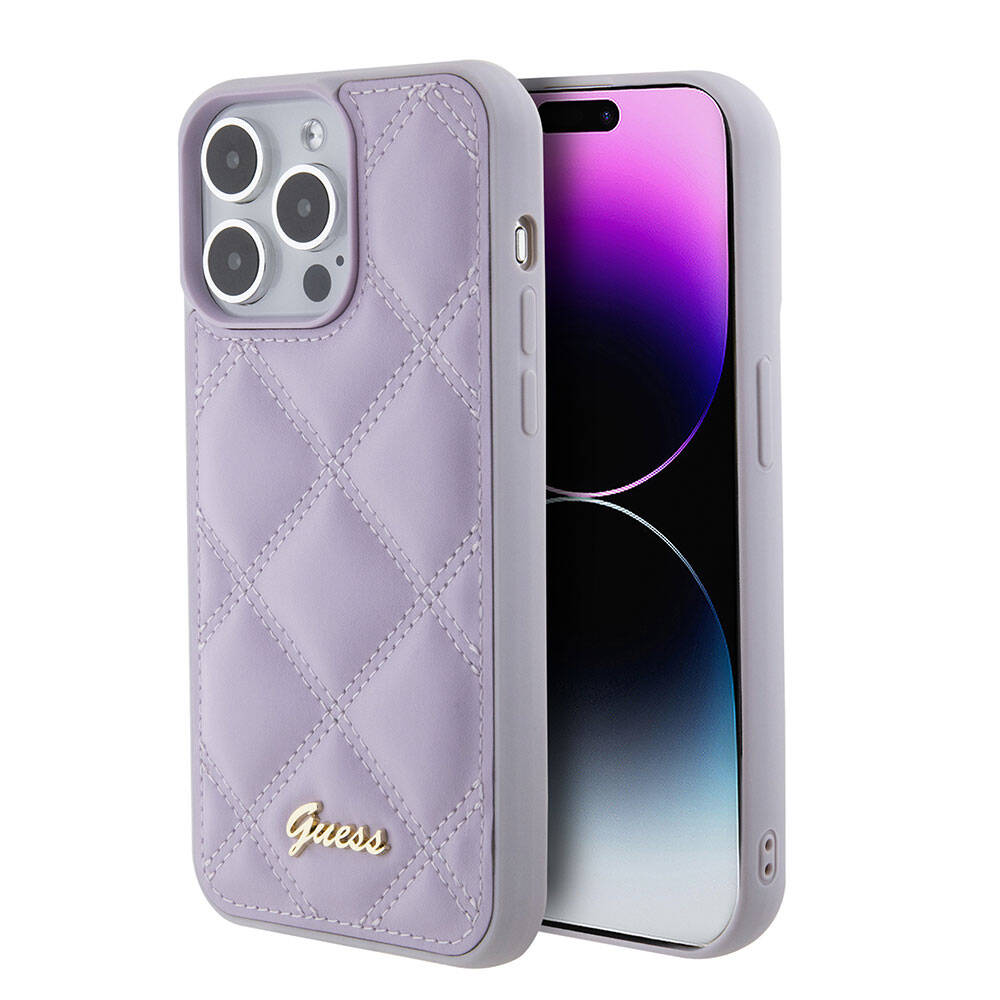 Apple iPhone 15 Pro Max Kılıf Guess Orjinal Lisanslı PU Deri Metal Yazı Logolu Kapitone Kapak Açık Mor