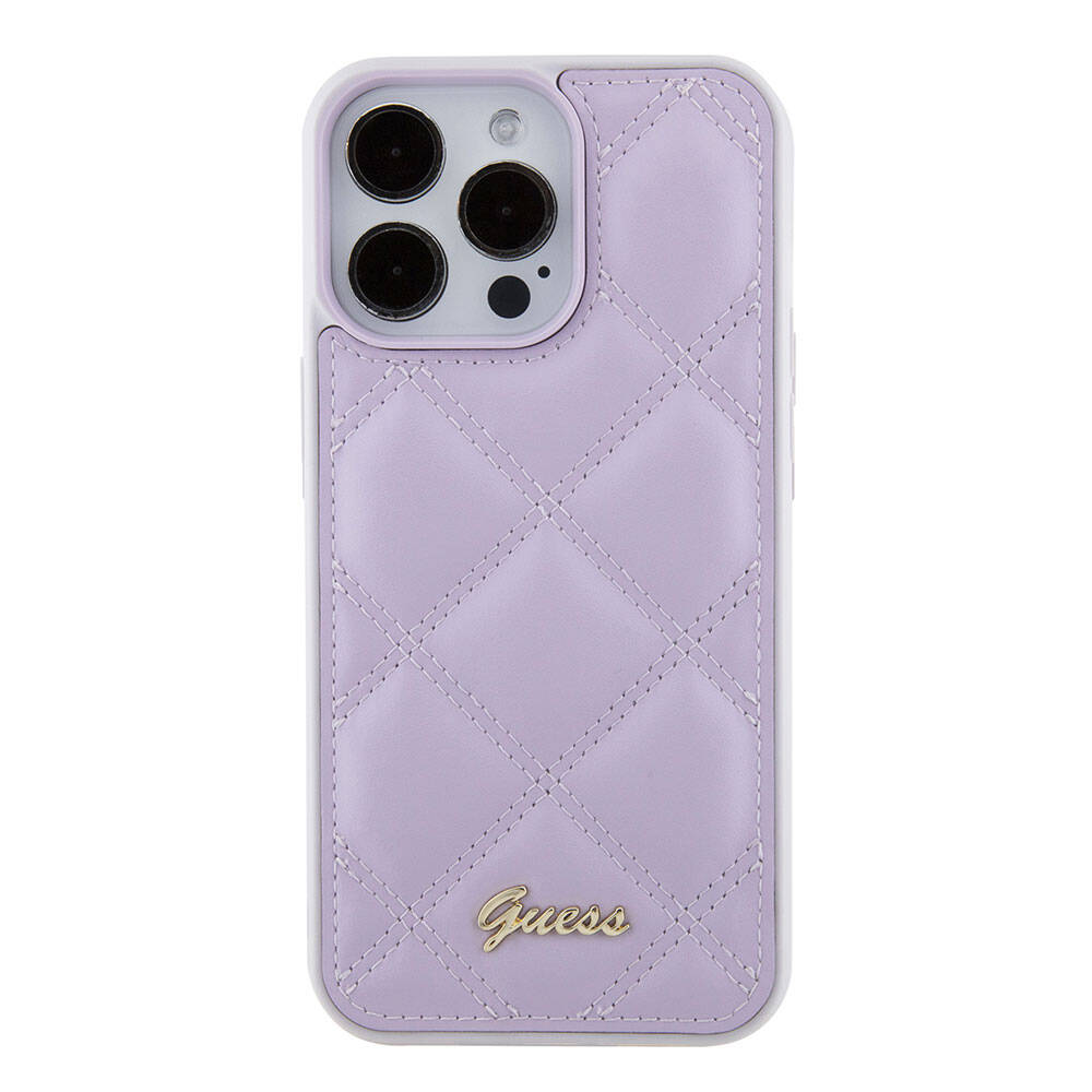 Apple iPhone 15 Pro Max Kılıf Guess Orjinal Lisanslı PU Deri Metal Yazı Logolu Kapitone Kapak Açık Mor