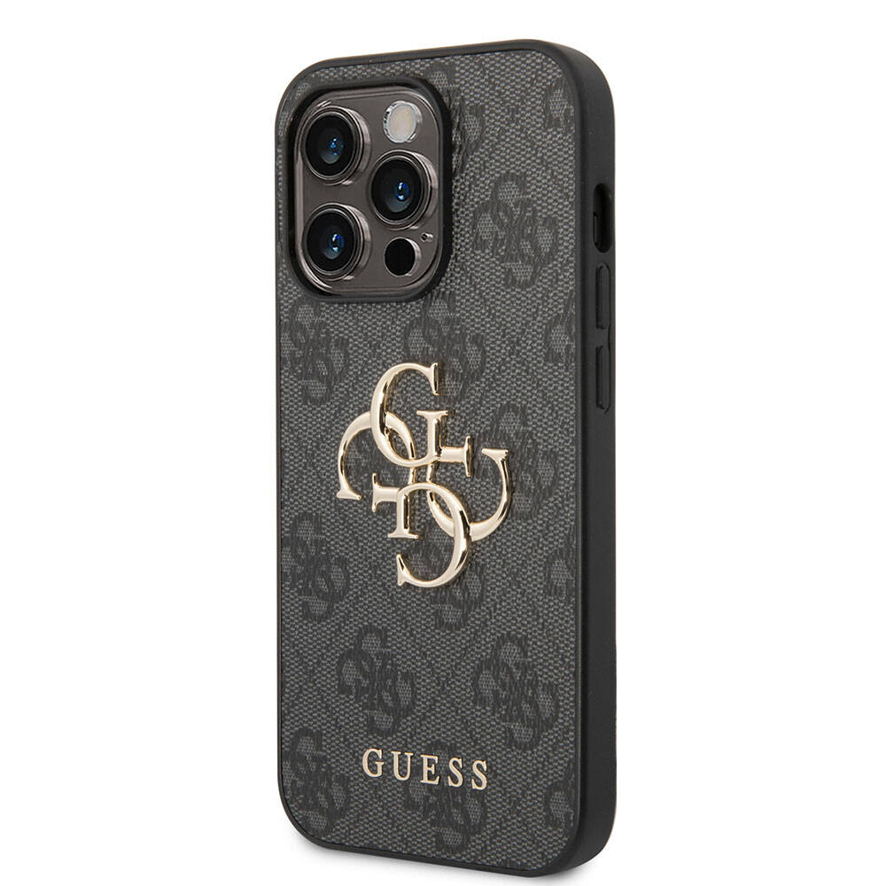 Apple iPhone 15 Pro Max Kılıf Guess Orjinal Lisanslı PU Deri Yazı ve 4G Metal Logolu Desenli Kapak Pembe