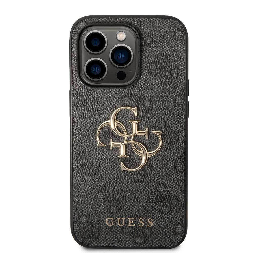 Apple iPhone 15 Pro Max Kılıf Guess Orjinal Lisanslı PU Deri Yazı ve 4G Metal Logolu Desenli Kapak Pembe