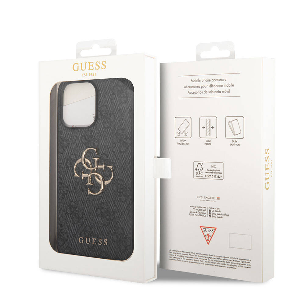 Apple iPhone 15 Pro Max Kılıf Guess Orjinal Lisanslı PU Deri Yazı ve 4G Metal Logolu Desenli Kapak Pembe