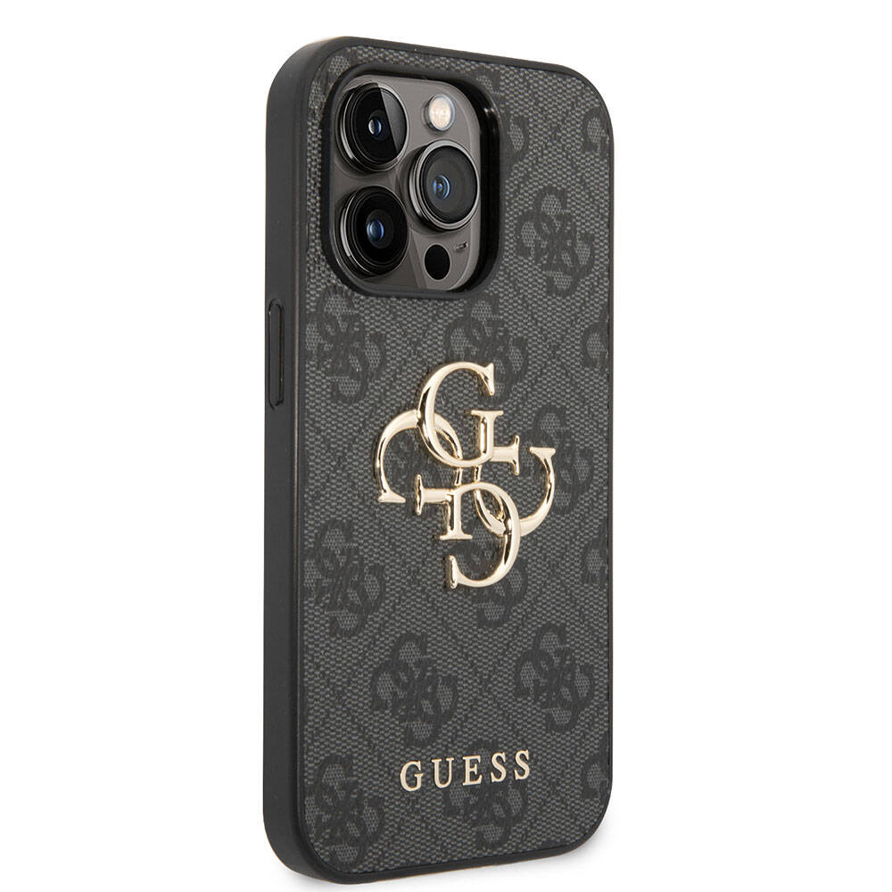 Apple iPhone 15 Pro Max Kılıf Guess Orjinal Lisanslı PU Deri Yazı ve 4G Metal Logolu Desenli Kapak Gri