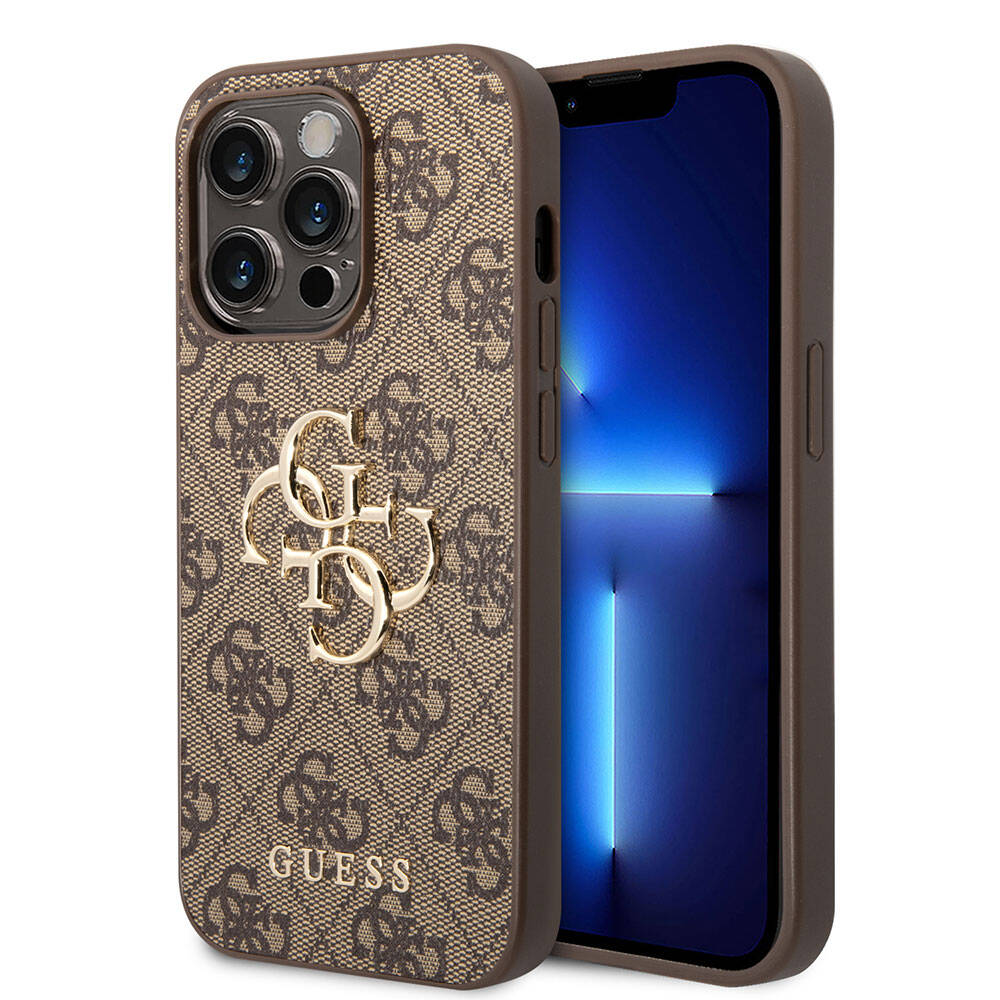 Apple iPhone 15 Pro Max Kılıf Guess Orjinal Lisanslı PU Deri Yazı ve 4G Metal Logolu Desenli Kapak Pembe