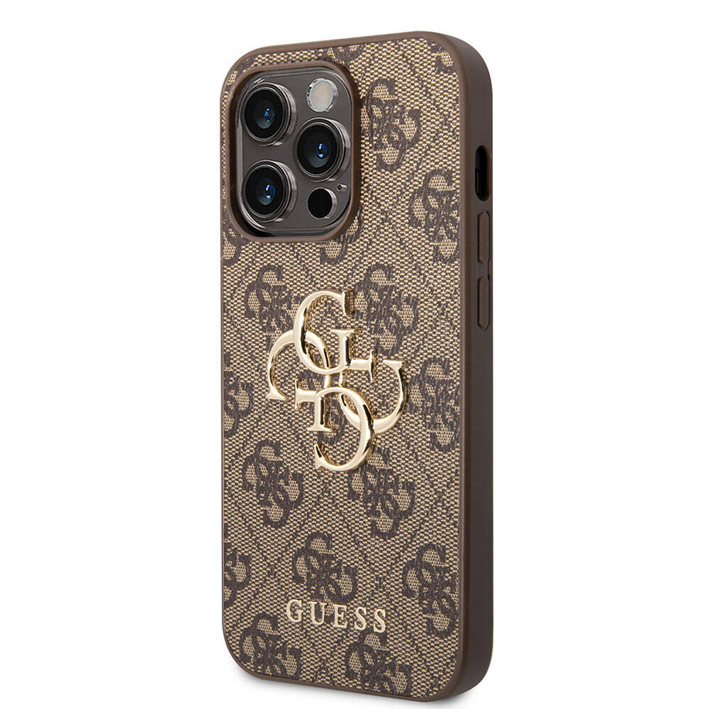 Apple iPhone 15 Pro Max Kılıf Guess Orjinal Lisanslı PU Deri Yazı ve 4G Metal Logolu Desenli Kapak Gri