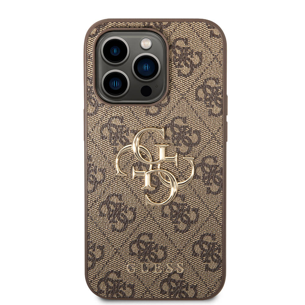 Apple iPhone 15 Pro Max Kılıf Guess Orjinal Lisanslı PU Deri Yazı ve 4G Metal Logolu Desenli Kapak Kahverengi