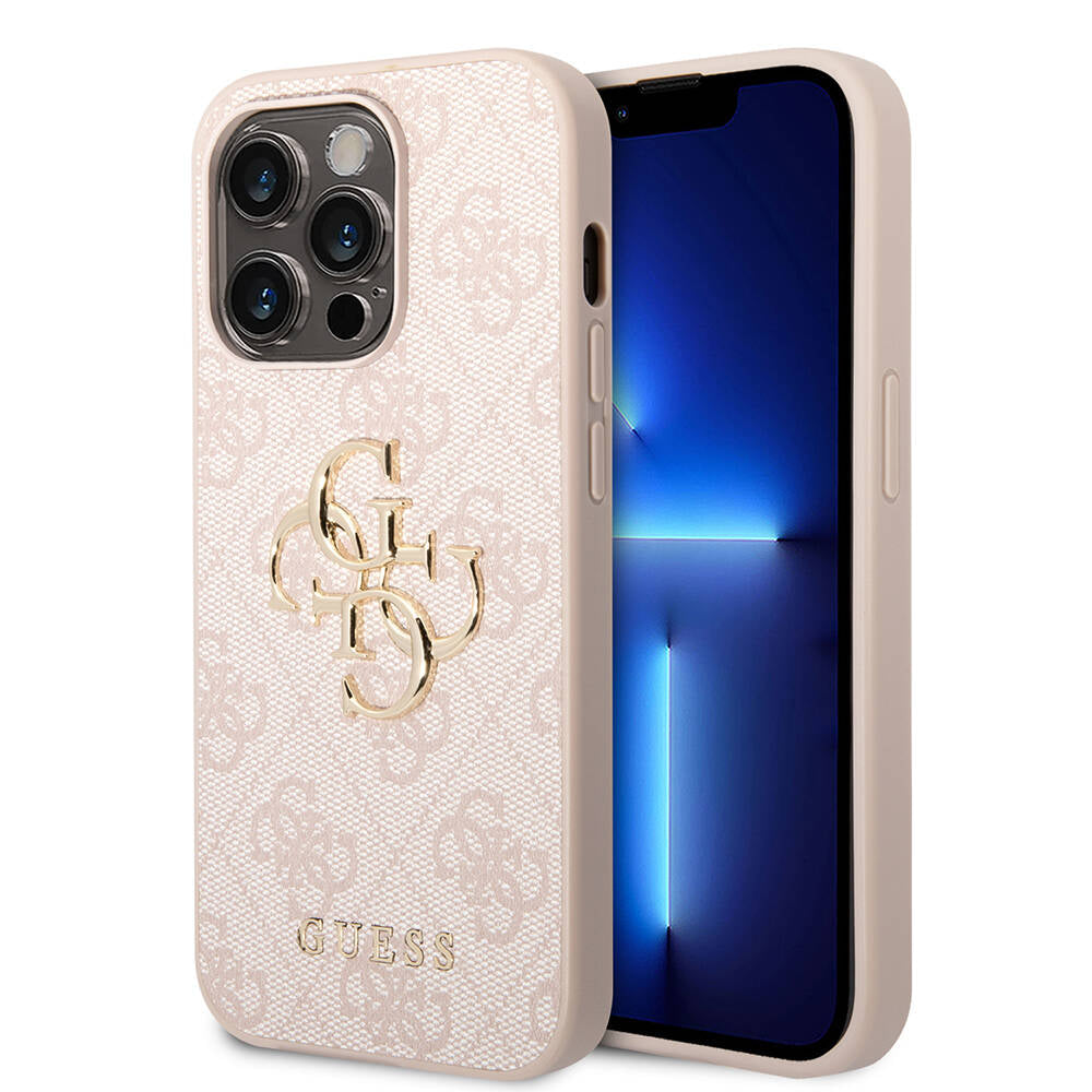 Apple iPhone 15 Pro Max Kılıf Guess Orjinal Lisanslı PU Deri Yazı ve 4G Metal Logolu Desenli Kapak Pembe