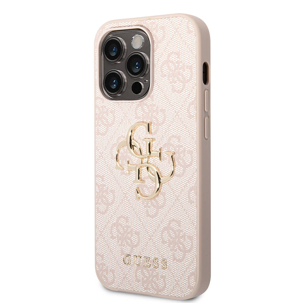 Apple iPhone 15 Pro Max Kılıf Guess Orjinal Lisanslı PU Deri Yazı ve 4G Metal Logolu Desenli Kapak Gri