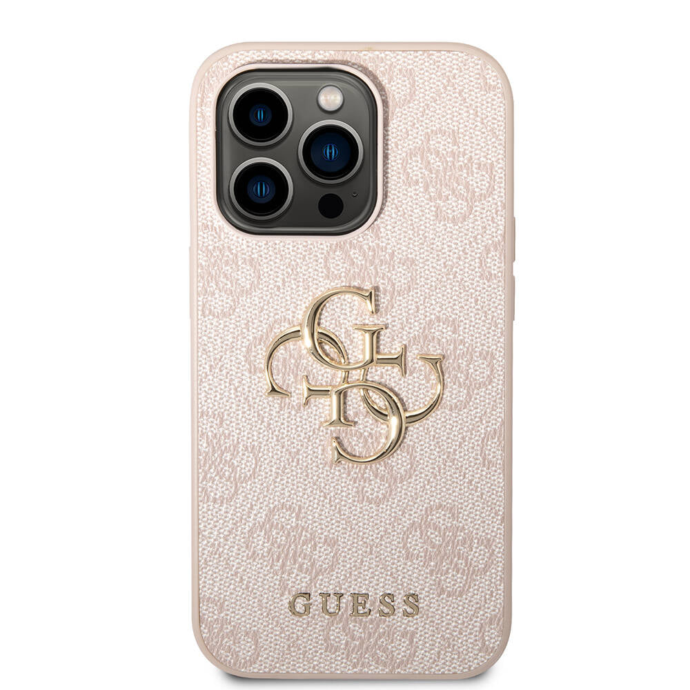 Apple iPhone 15 Pro Max Kılıf Guess Orjinal Lisanslı PU Deri Yazı ve 4G Metal Logolu Desenli Kapak Pembe