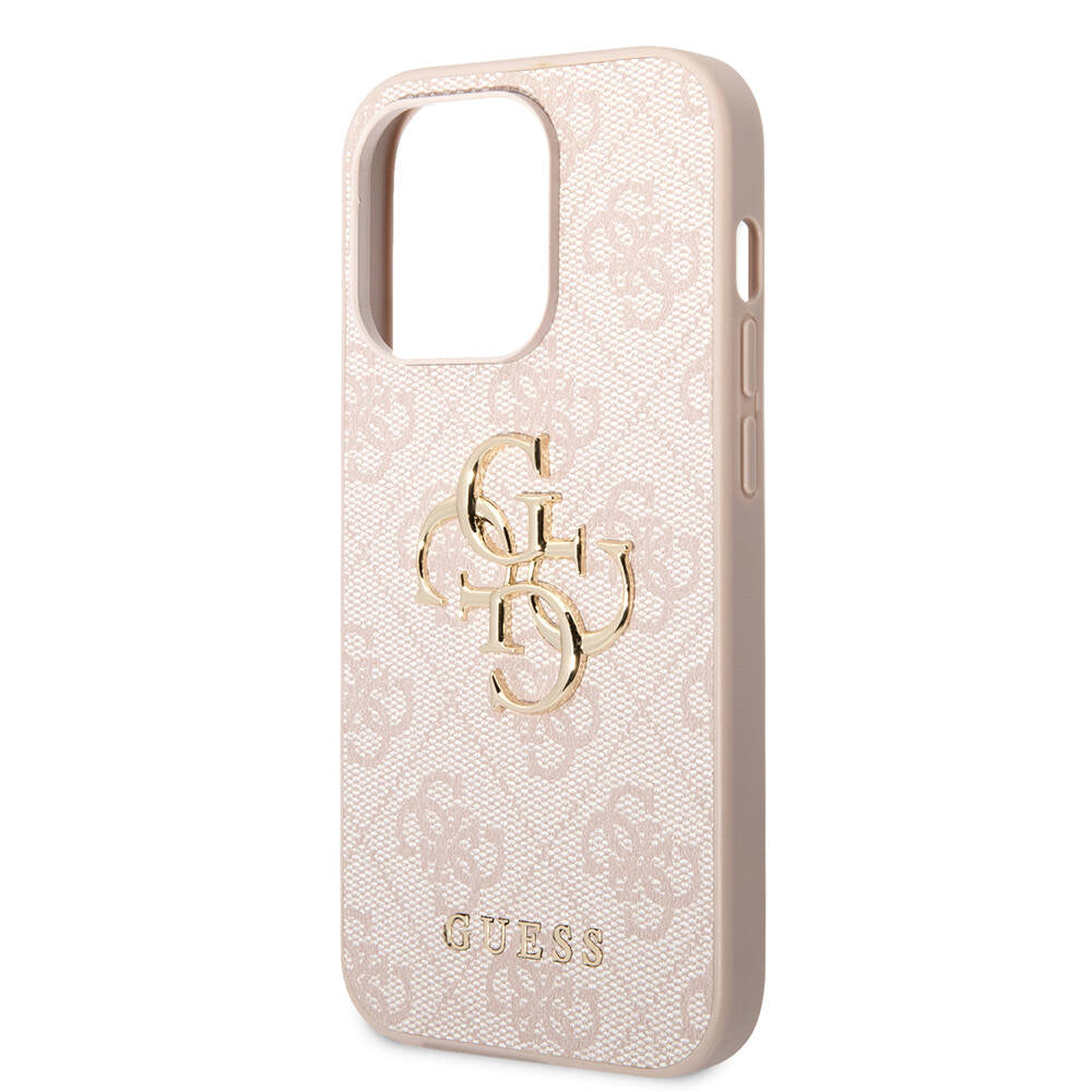 Apple iPhone 15 Pro Max Kılıf Guess Orjinal Lisanslı PU Deri Yazı ve 4G Metal Logolu Desenli Kapak Pembe