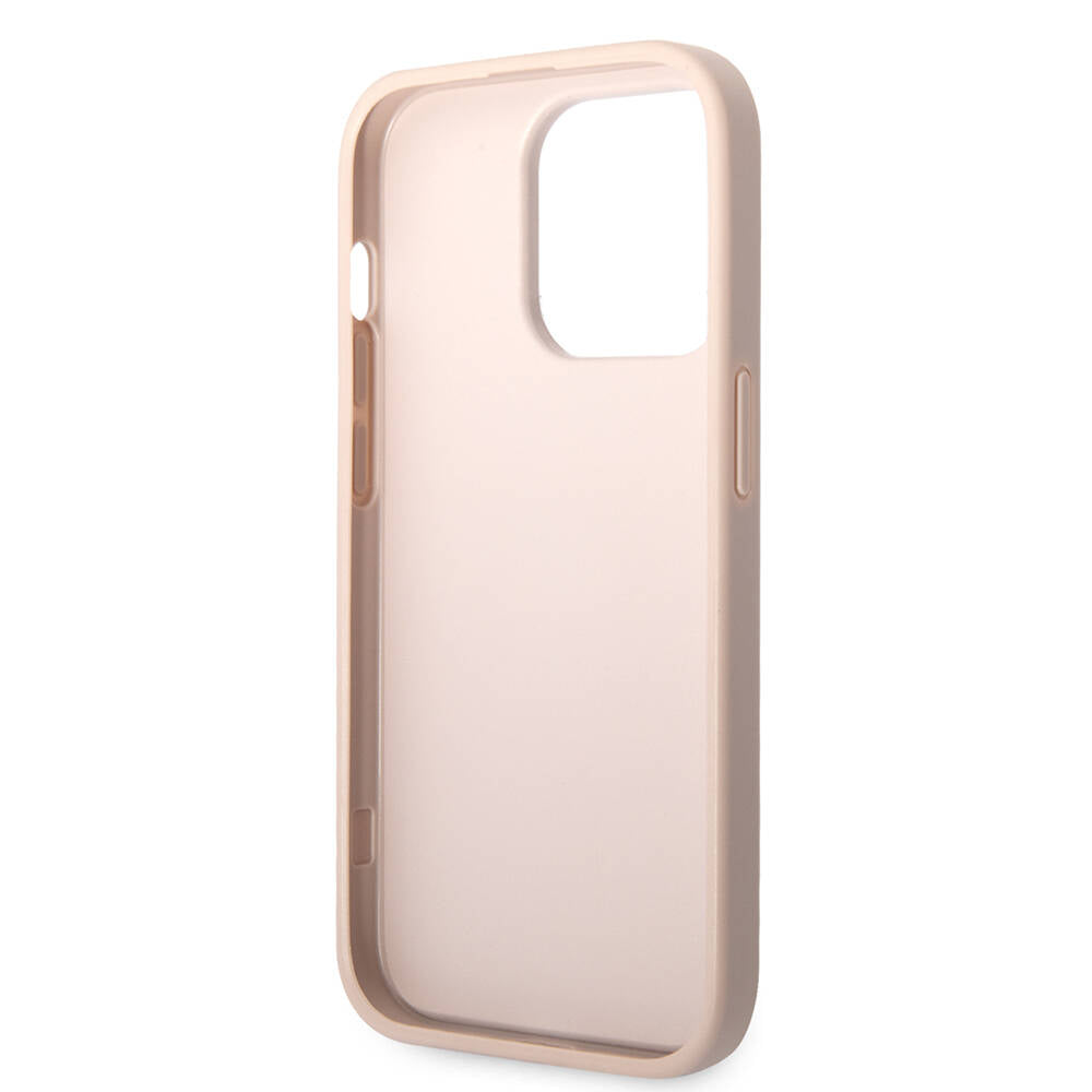 Apple iPhone 15 Pro Max Kılıf Guess Orjinal Lisanslı PU Deri Yazı ve 4G Metal Logolu Desenli Kapak Pembe