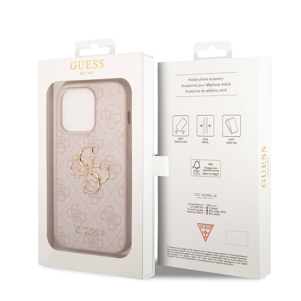 Apple iPhone 15 Pro Max Kılıf Guess Orjinal Lisanslı PU Deri Yazı ve 4G Metal Logolu Desenli Kapak Pembe