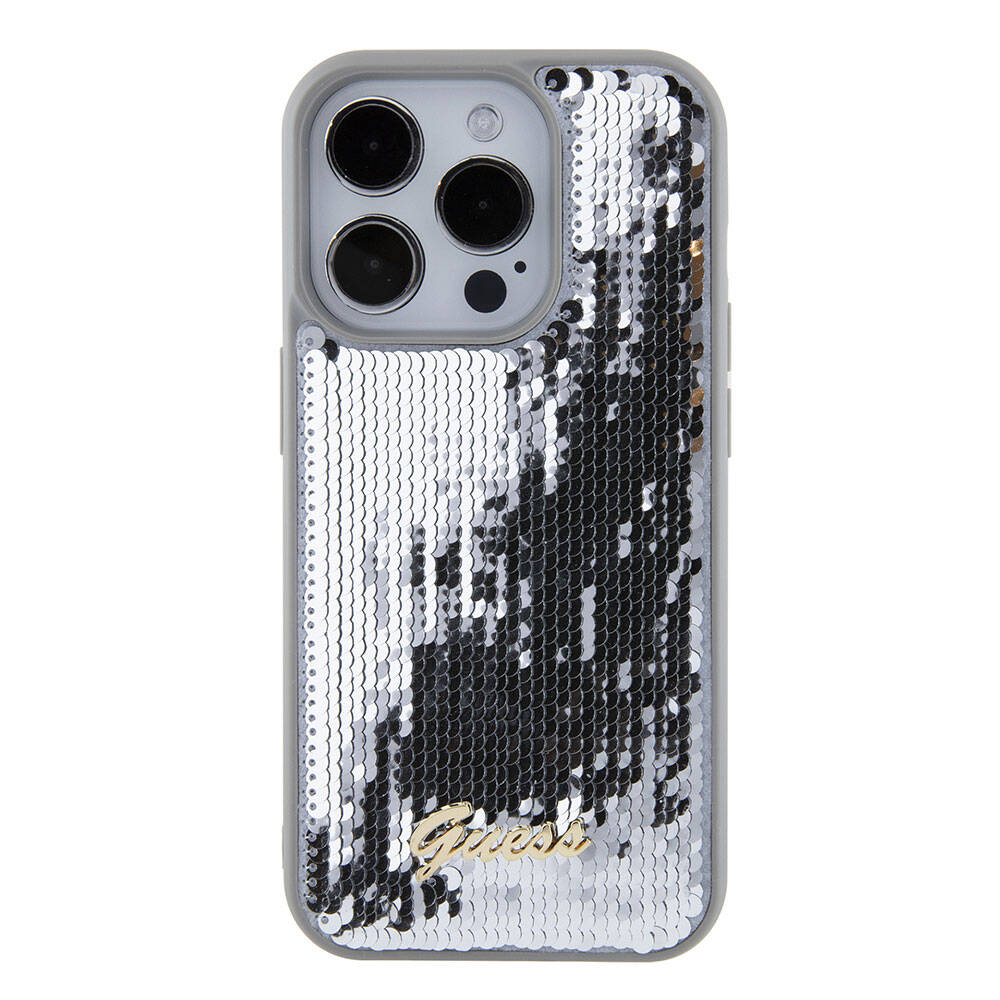 Apple iPhone 15 Pro Max Kılıf Guess Orjinal Lisanslı Pullu Arka Yüzey Metal Yazı Logolu Sequin Script Kapak Pembe