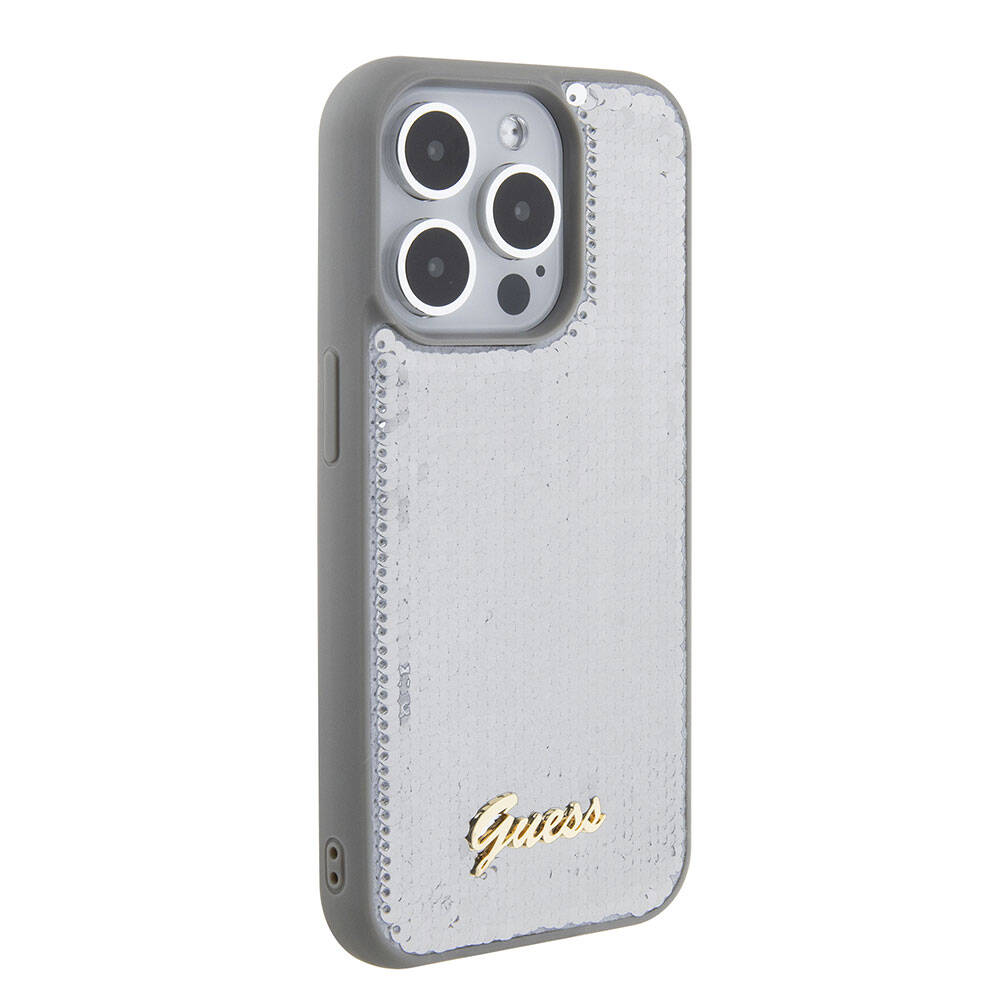 Apple iPhone 15 Pro Max Kılıf Guess Orjinal Lisanslı Pullu Arka Yüzey Metal Yazı Logolu Sequin Script Kapak Pembe