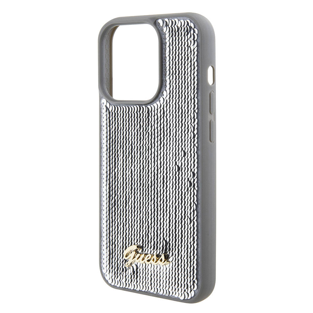 Apple iPhone 15 Pro Max Kılıf Guess Orjinal Lisanslı Pullu Arka Yüzey Metal Yazı Logolu Sequin Script Kapak Pembe