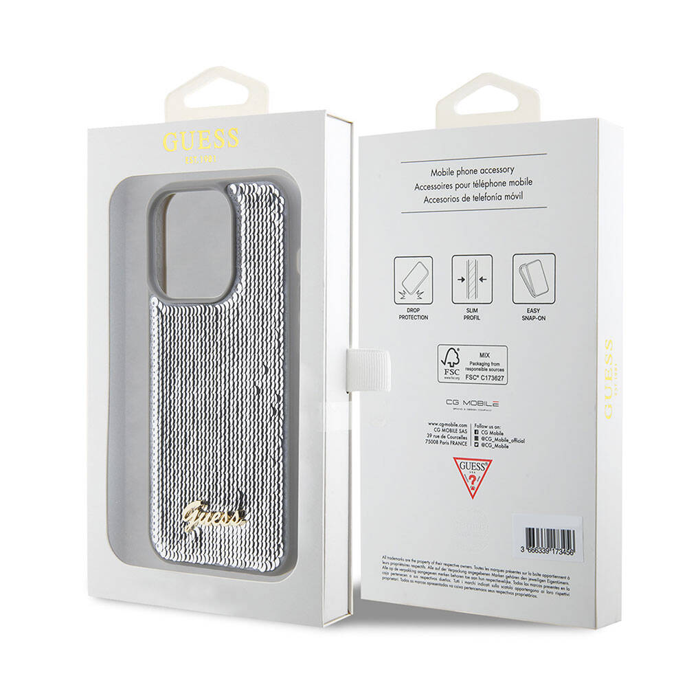 Apple iPhone 15 Pro Max Kılıf Guess Orjinal Lisanslı Pullu Arka Yüzey Metal Yazı Logolu Sequin Script Kapak Pembe