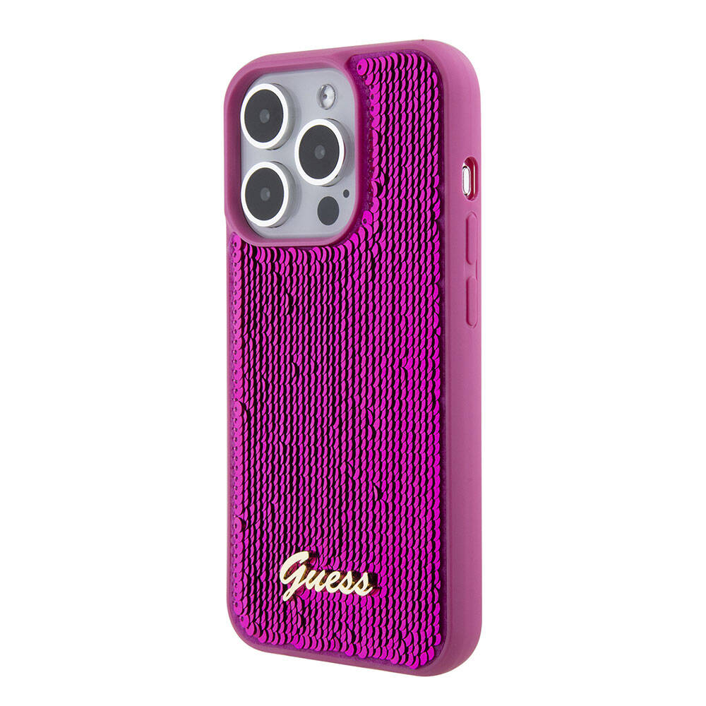 Apple iPhone 15 Pro Max Kılıf Guess Orjinal Lisanslı Pullu Arka Yüzey Metal Yazı Logolu Sequin Script Kapak Pembe
