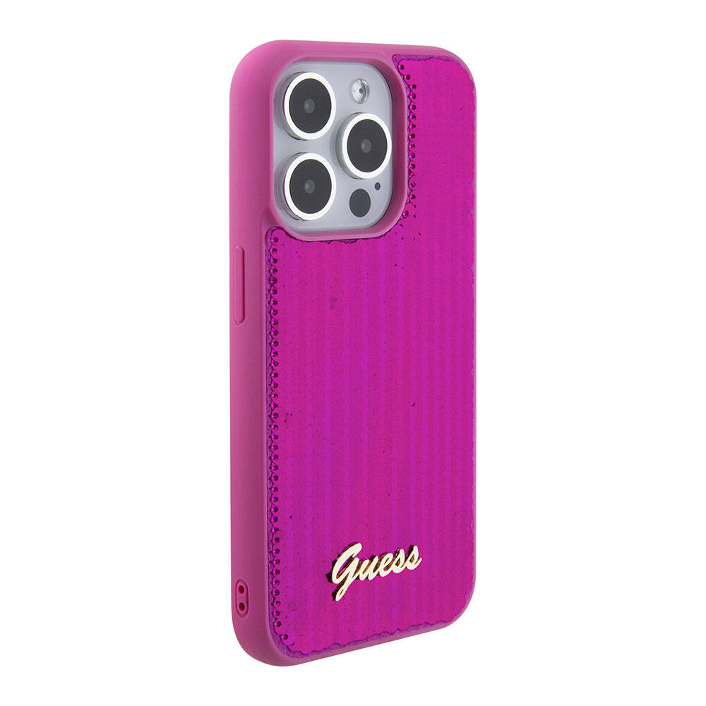 Apple iPhone 15 Pro Max Kılıf Guess Orjinal Lisanslı Pullu Arka Yüzey Metal Yazı Logolu Sequin Script Kapak Pembe
