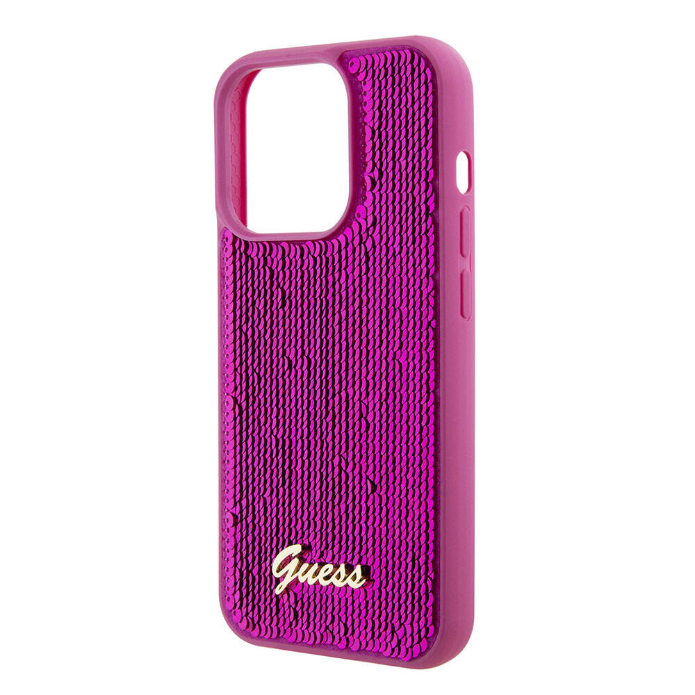 Apple iPhone 15 Pro Max Kılıf Guess Orjinal Lisanslı Pullu Arka Yüzey Metal Yazı Logolu Sequin Script Kapak Pembe