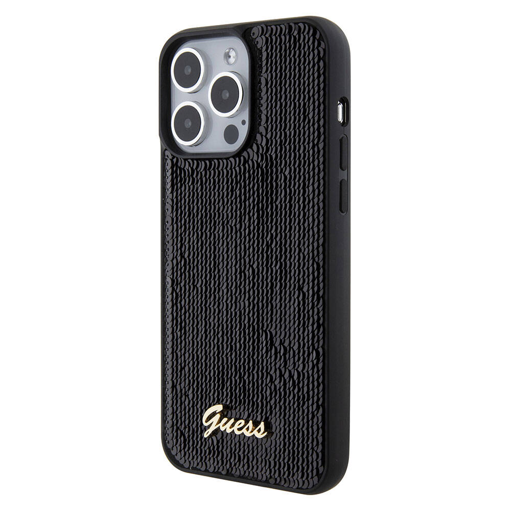 Apple iPhone 15 Pro Max Kılıf Guess Orjinal Lisanslı Pullu Arka Yüzey Metal Yazı Logolu Sequin Script Kapak Pembe