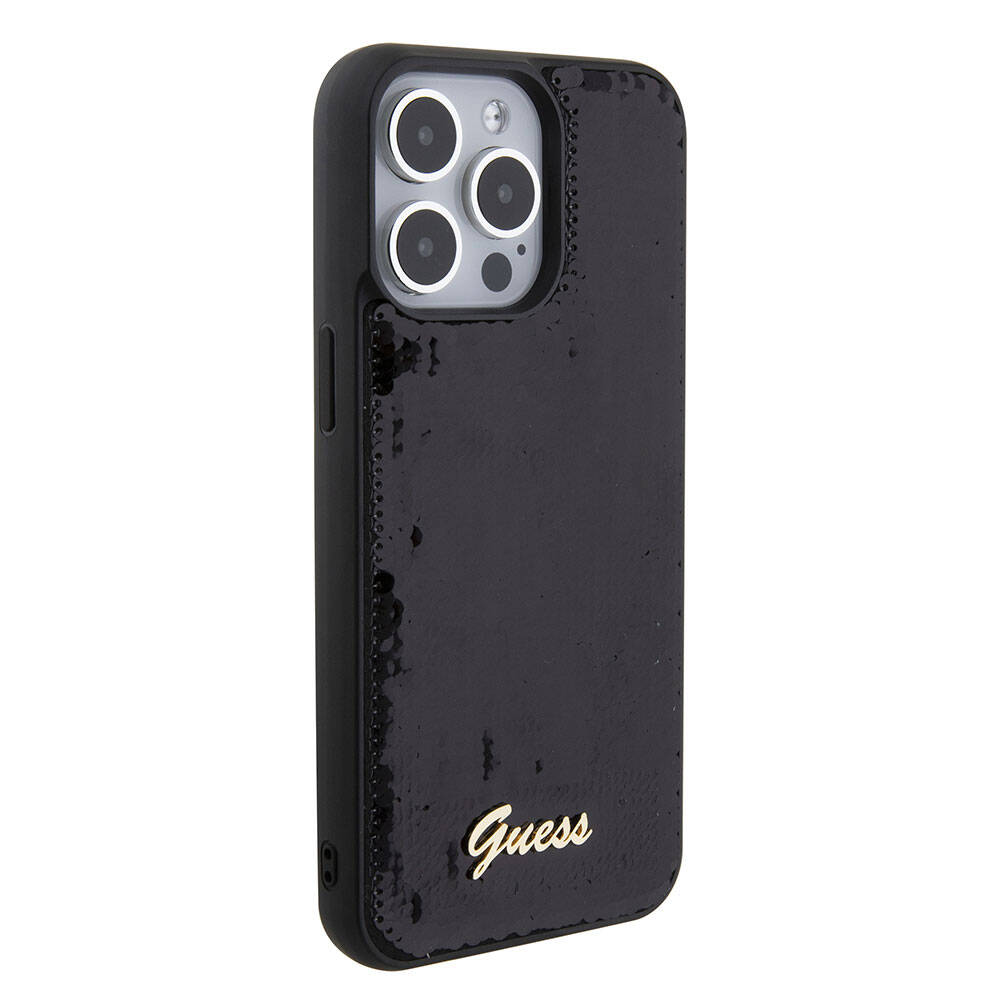 Apple iPhone 15 Pro Max Kılıf Guess Orjinal Lisanslı Pullu Arka Yüzey Metal Yazı Logolu Sequin Script Kapak Pembe