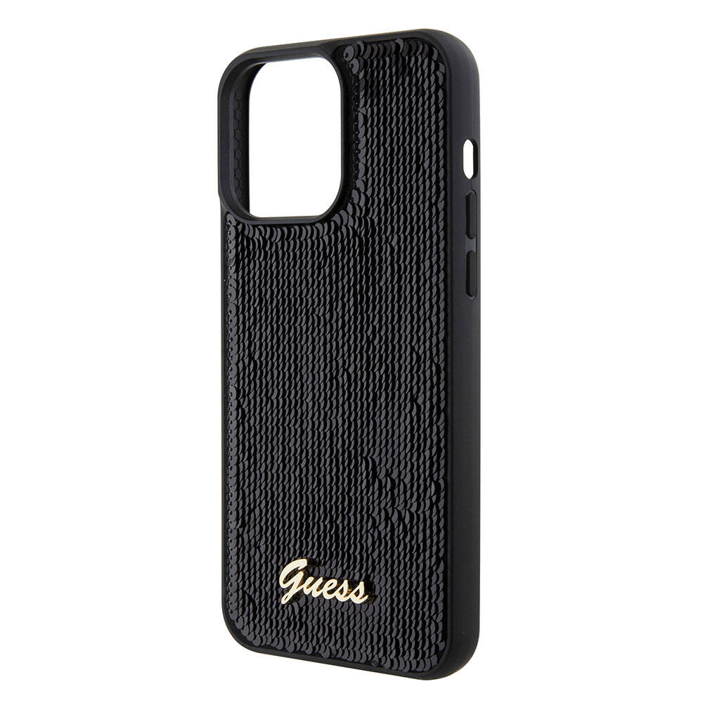 Apple iPhone 15 Pro Max Kılıf Guess Orjinal Lisanslı Pullu Arka Yüzey Metal Yazı Logolu Sequin Script Kapak Pembe
