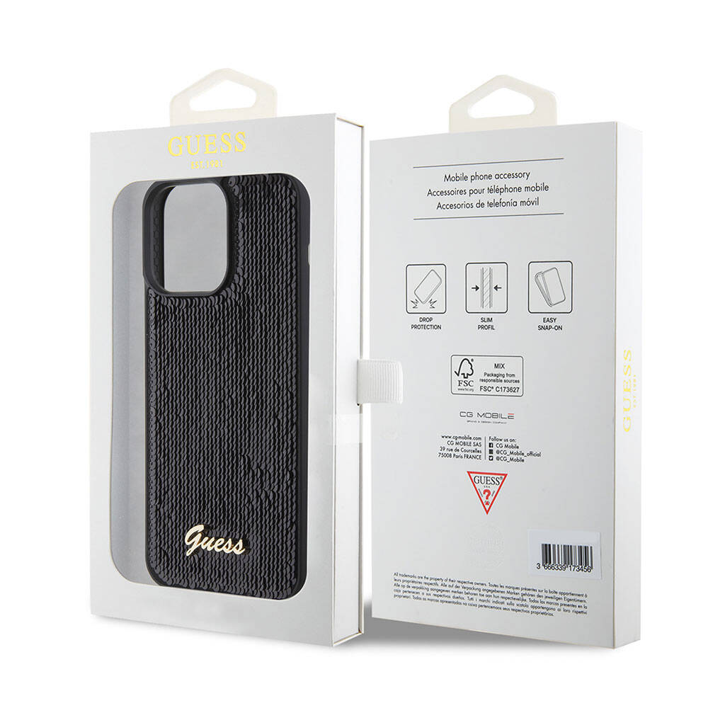 Apple iPhone 15 Pro Max Kılıf Guess Orjinal Lisanslı Pullu Arka Yüzey Metal Yazı Logolu Sequin Script Kapak Pembe