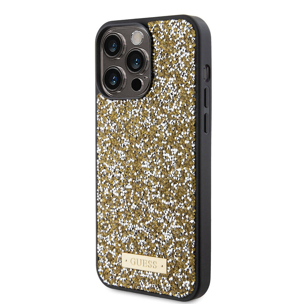 Apple iPhone 15 Pro Max Kılıf Guess Orjinal Lisanslı Taşlı Arka Yüzey Metal Yazı Logolu Kapak Sarı