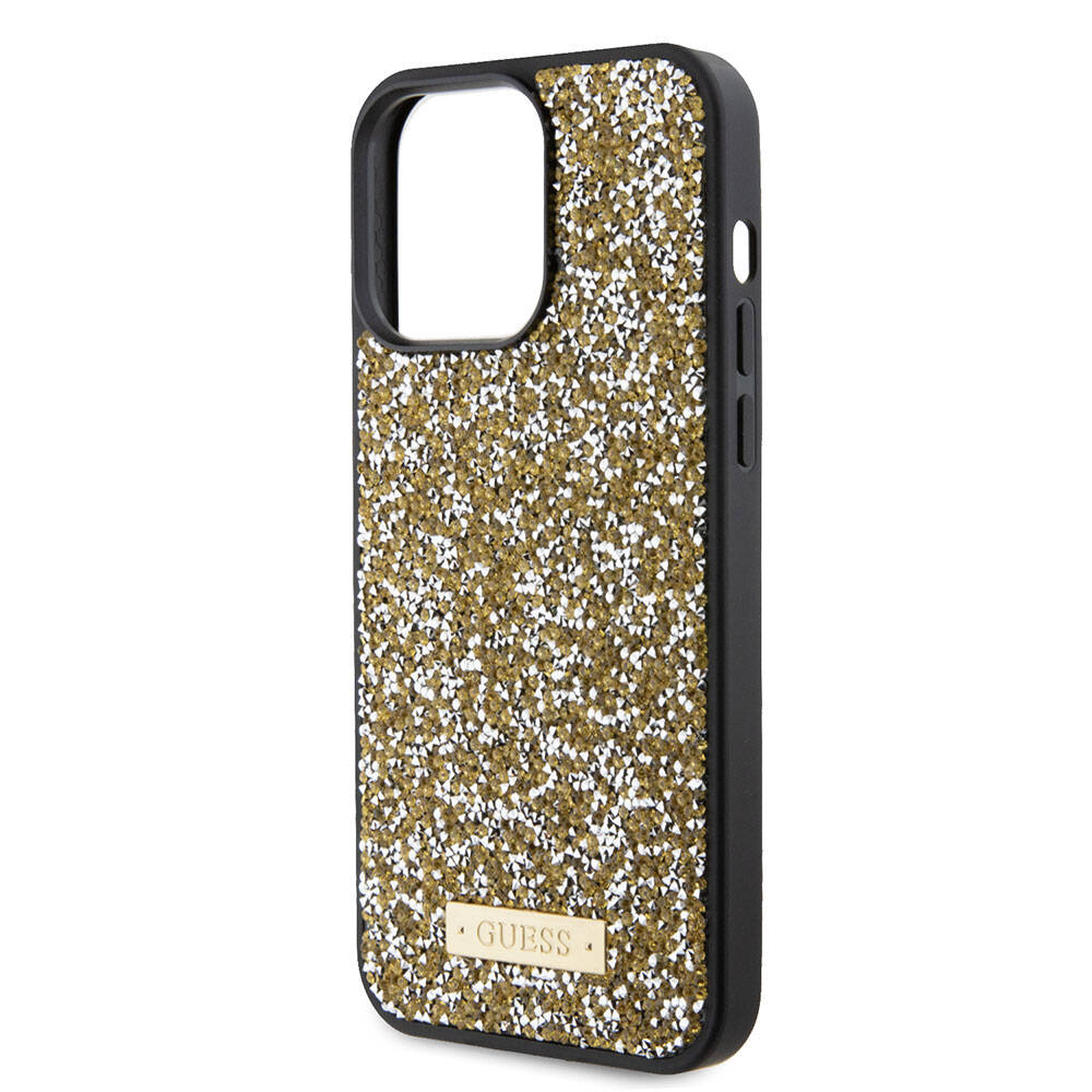 Apple iPhone 15 Pro Max Kılıf Guess Orjinal Lisanslı Taşlı Arka Yüzey Metal Yazı Logolu Kapak Sarı