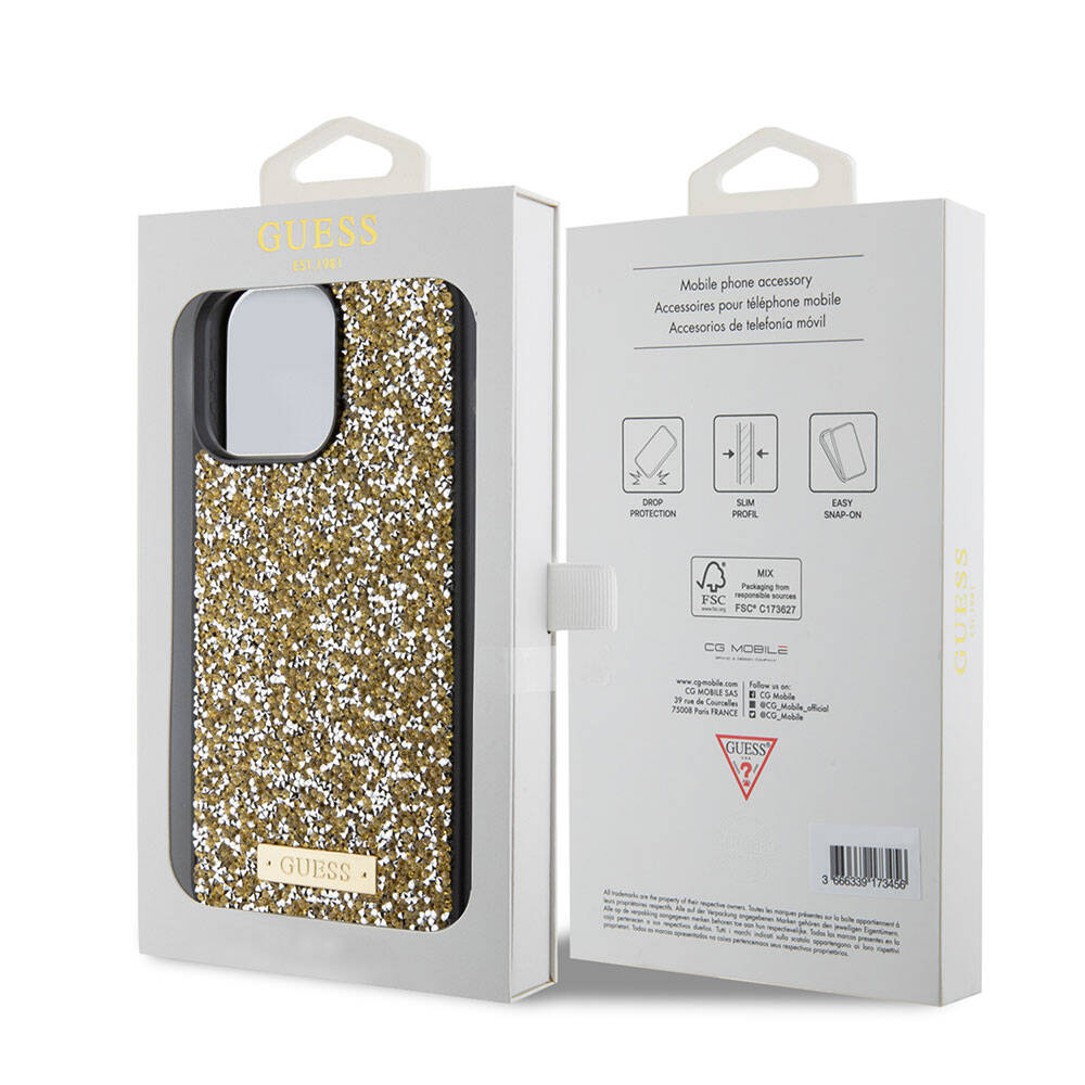 Apple iPhone 15 Pro Max Kılıf Guess Orjinal Lisanslı Taşlı Arka Yüzey Metal Yazı Logolu Kapak Sarı