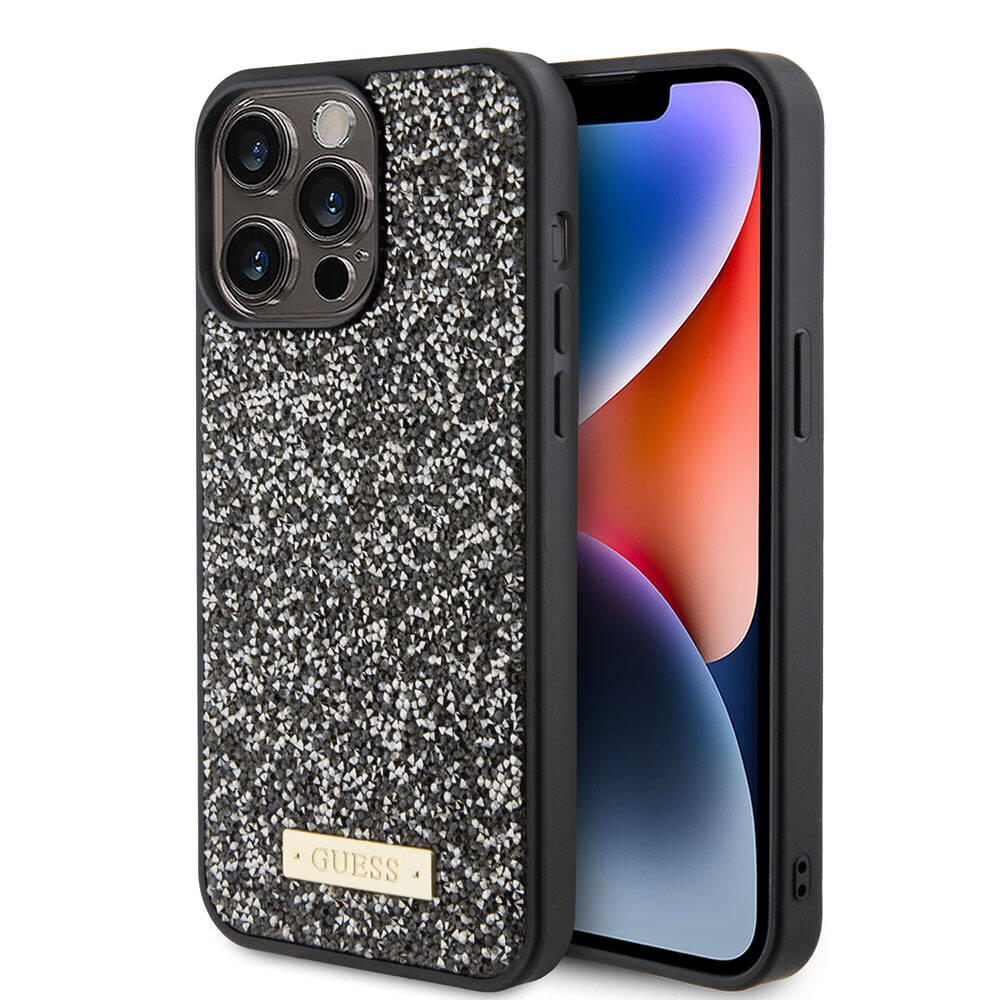 Apple iPhone 15 Pro Max Kılıf Guess Orjinal Lisanslı Taşlı Arka Yüzey Metal Yazı Logolu Kapak Sarı
