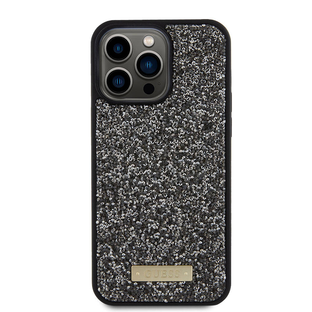 Apple iPhone 15 Pro Max Kılıf Guess Orjinal Lisanslı Taşlı Arka Yüzey Metal Yazı Logolu Kapak Pembe Açık