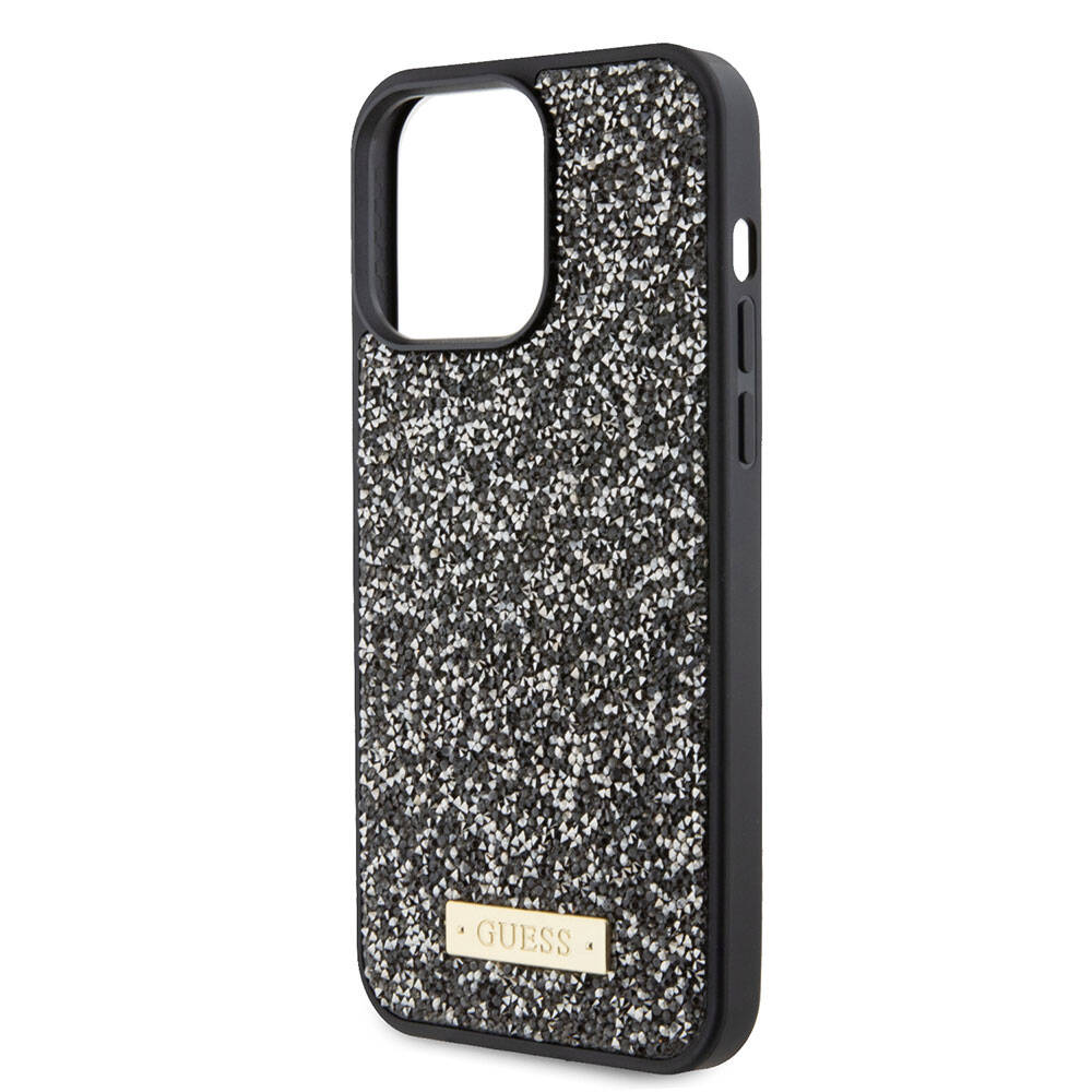 Apple iPhone 15 Pro Max Kılıf Guess Orjinal Lisanslı Taşlı Arka Yüzey Metal Yazı Logolu Kapak Pembe Açık