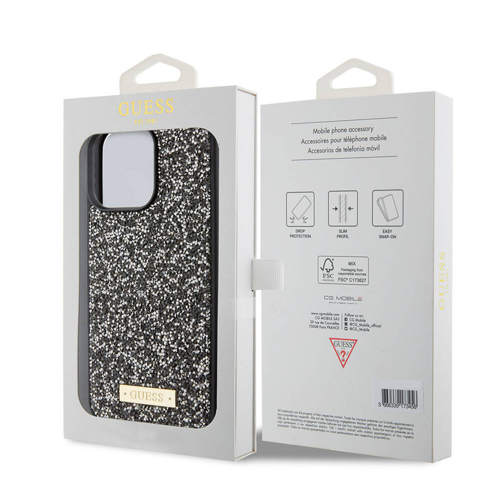 Apple iPhone 15 Pro Max Kılıf Guess Orjinal Lisanslı Taşlı Arka Yüzey Metal Yazı Logolu Kapak Sarı