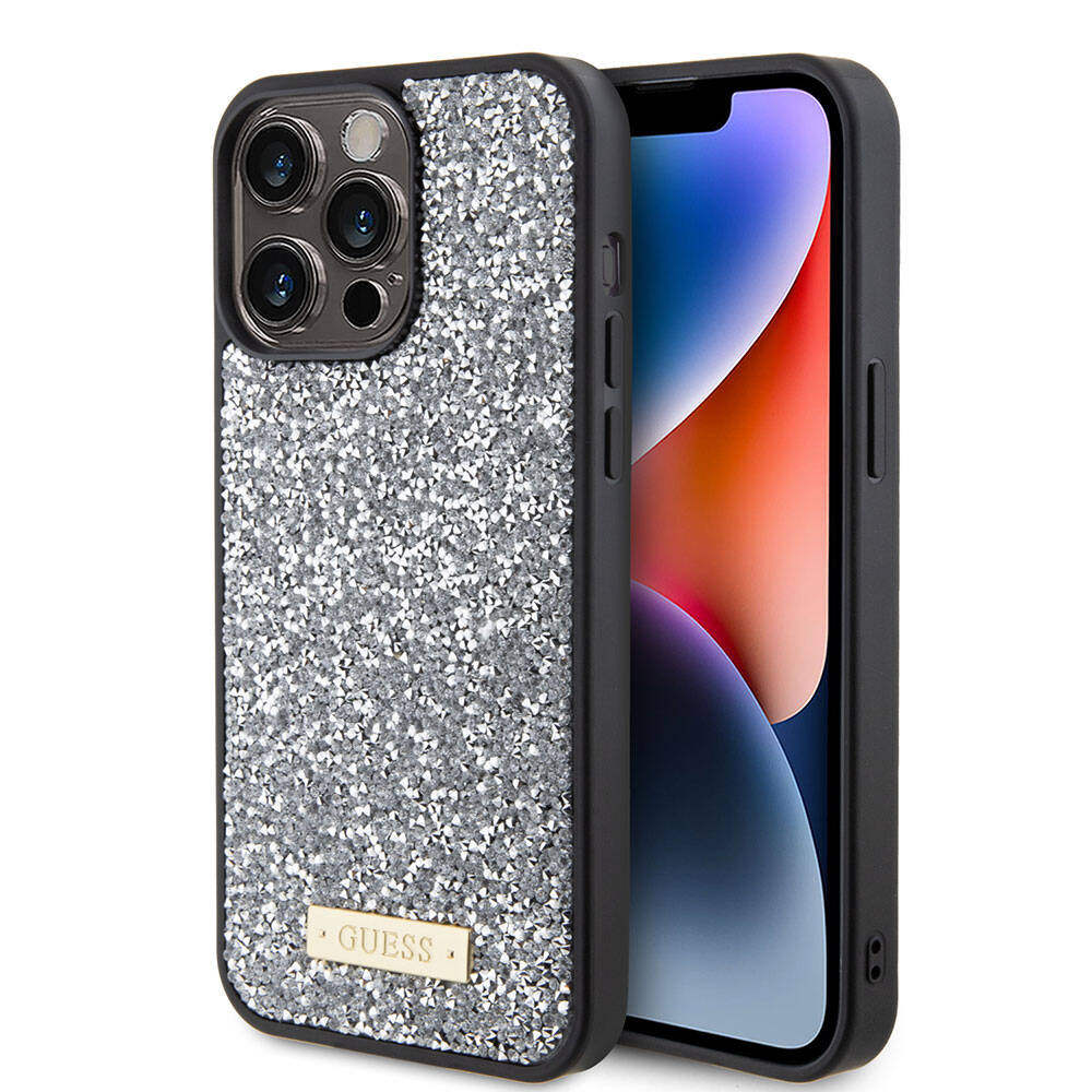 Apple iPhone 15 Pro Max Kılıf Guess Orjinal Lisanslı Taşlı Arka Yüzey Metal Yazı Logolu Kapak Sarı