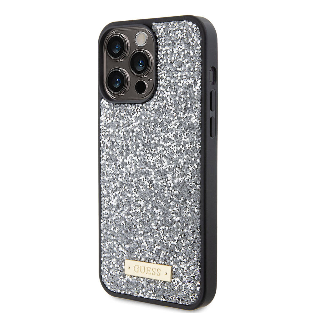 Apple iPhone 15 Pro Max Kılıf Guess Orjinal Lisanslı Taşlı Arka Yüzey Metal Yazı Logolu Kapak Sarı