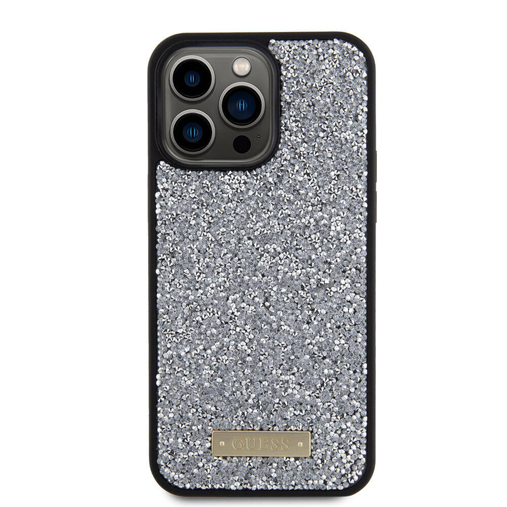 Apple iPhone 15 Pro Max Kılıf Guess Orjinal Lisanslı Taşlı Arka Yüzey Metal Yazı Logolu Kapak Sarı