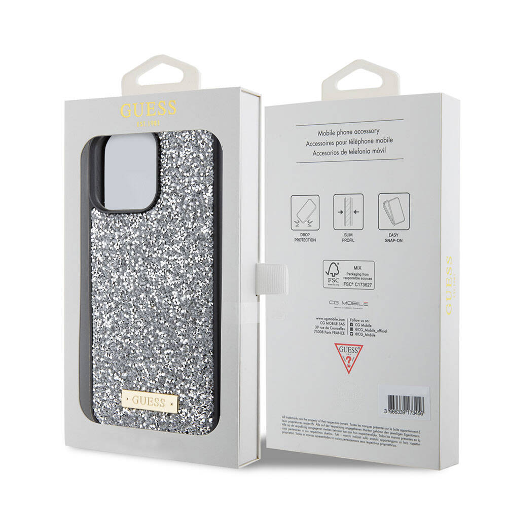 Apple iPhone 15 Pro Max Kılıf Guess Orjinal Lisanslı Taşlı Arka Yüzey Metal Yazı Logolu Kapak Sarı