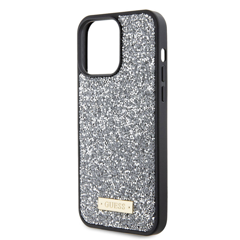 Apple iPhone 15 Pro Max Kılıf Guess Orjinal Lisanslı Taşlı Arka Yüzey Metal Yazı Logolu Kapak Sarı