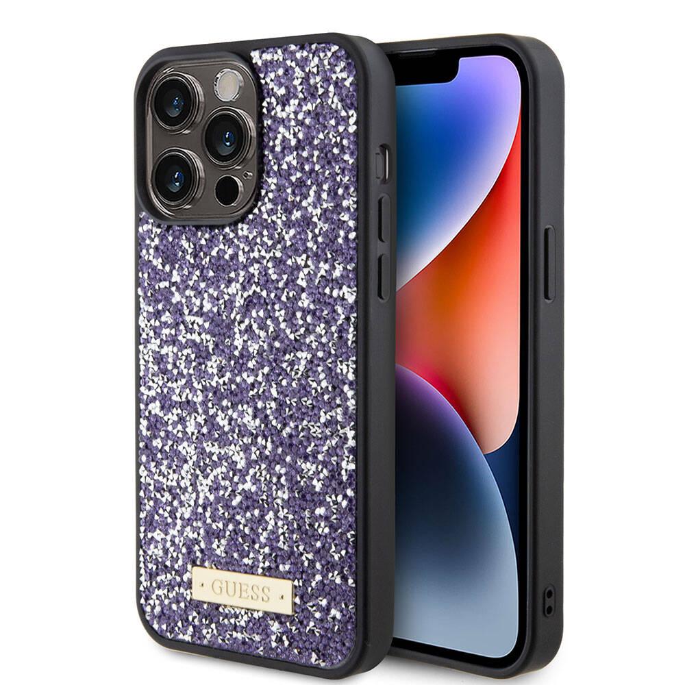 Apple iPhone 15 Pro Max Kılıf Guess Orjinal Lisanslı Taşlı Arka Yüzey Metal Yazı Logolu Kapak Sarı